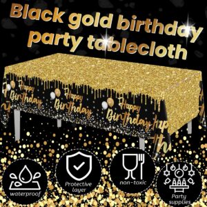 Happy Birthday Tablecloth,3pcs Black and Gold Table Cloths for Parties Glitter Birthday Decoration for Men’s 18th 21st 30th 40th 60th 70th Birthday Party Supplies