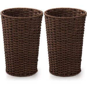 bekith 2 pack small wicker waste paper basket woven basket trash can wastebasket, decorative round garbage container bin for bedroom, bathroom, home offices, laundry, brown