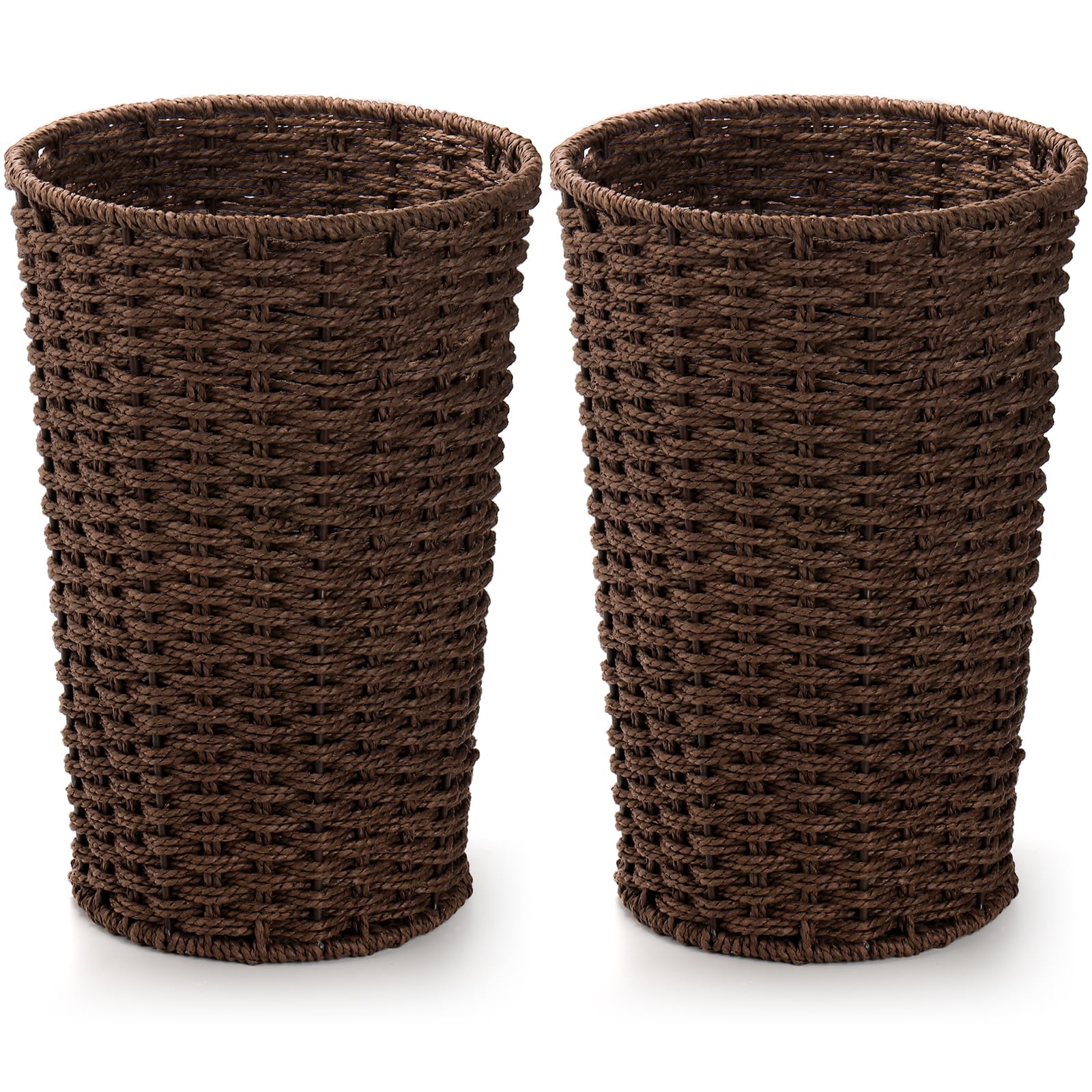 Bekith 2 Pack Small Wicker Waste Paper Basket Woven Basket Trash Can Wastebasket, Decorative Round Garbage Container Bin for Bedroom, Bathroom, Home Offices, Laundry, Brown