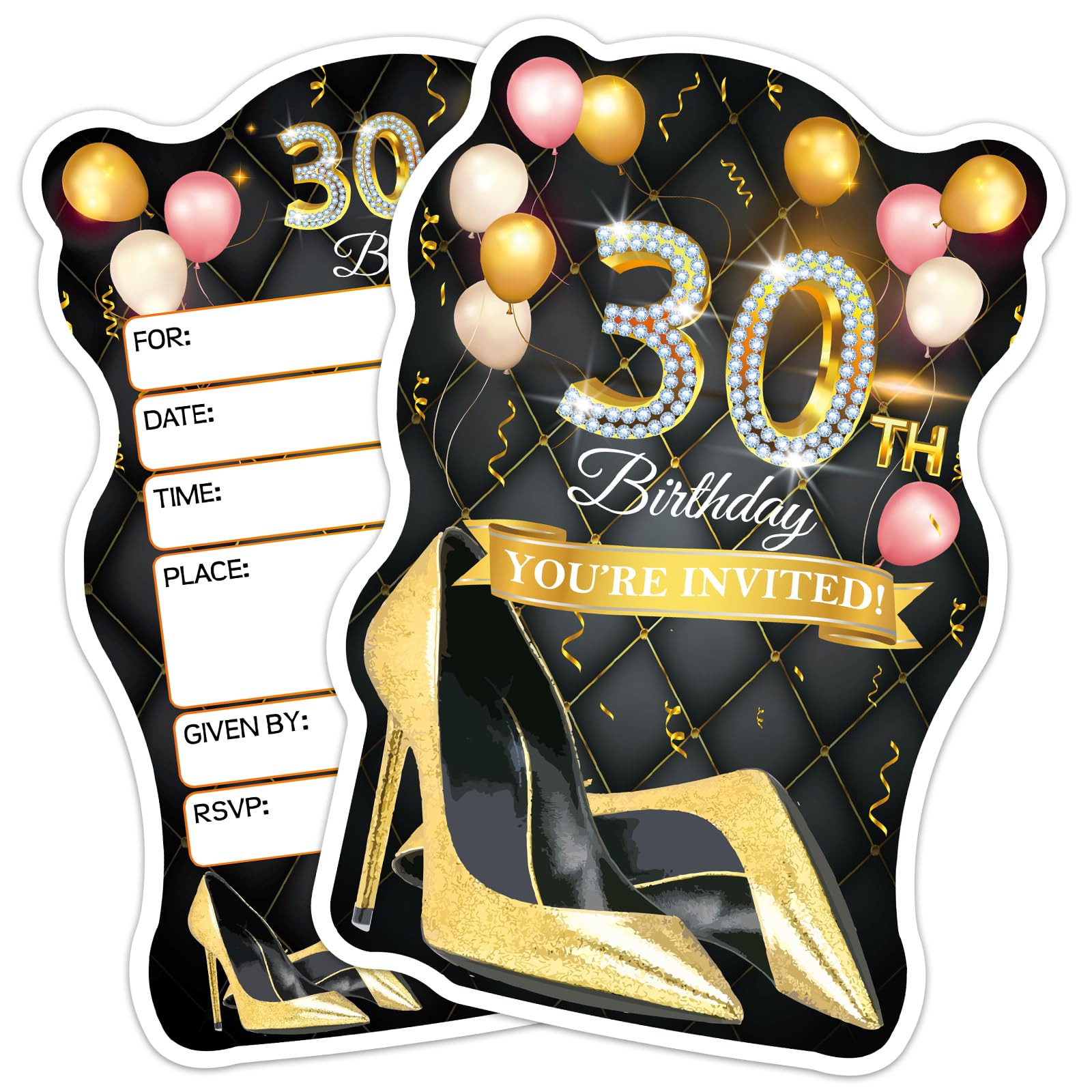 ERHACHAIJIA 20 PCS Pink Balloons & Black Golden High Heels Shaped Fill-In Invitations Cards With Envelopes, Funny 30th Birthday Party Happy 30 Year Old Birthday Invites For Women Lady Wife Mom Adults