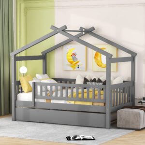 Twin House Bed with Trundle, Kids Twin Platform Bed Frame with Rails and Roof, Tent Bed, Wood Playhouse Bed Twin Montessori Bed for Kids Teens Girls & Boys, No Box Spring Needed (Gray)