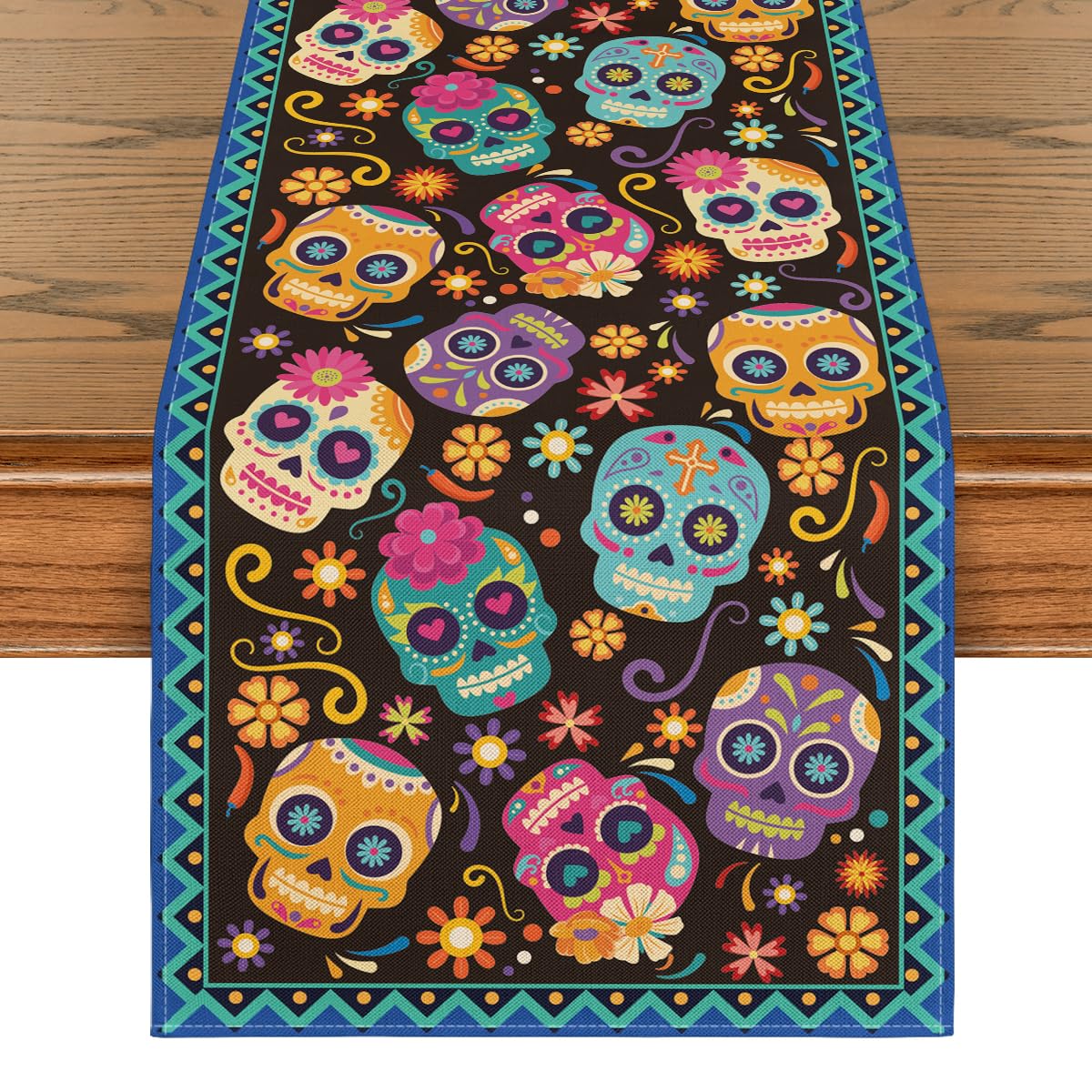 Artoid Mode Suger Skulls Floral Day of The Dead Table Runner, Halloween Seasonal Kitchen Dining Table Decoration for Home Party Decor 13x72 Inch