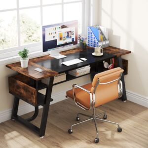 Tribesigns 63 inch Computer Desk Modern Office Desk with Shelf for Home Office, Large Writing Table Wood Business Workstation with Storage Shelves and Sturdy Metal Frame for Study Bedroom, Black Brown