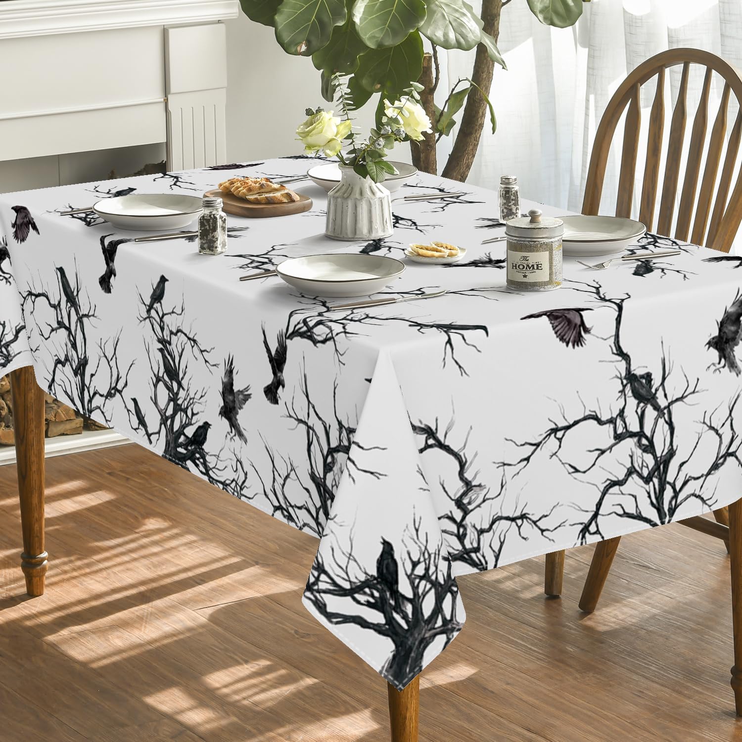 Horaldaily Halloween Tablecloth 60x84 Inch Rectangular, Crow Tree Washable Table Cover for Party Picnic Dinner Decor