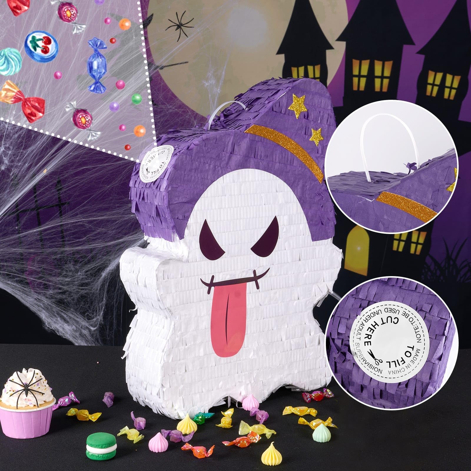 WERNNSAI Ghost Piñata - Cute Scary Piñata with Stick and Blindfold Kids Costume Party Games School Theme Game Night Ghost Piñata Ghost Party Game Girls Boys 6.4”x 12.4”