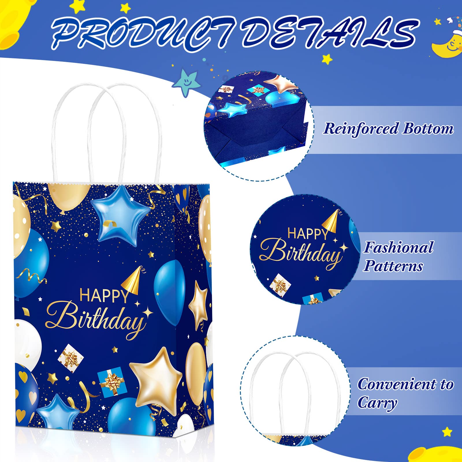 Frienda 24 Pcs Birthday Gift Bags with Handles Navy Blue and Gold Party Goodie Bags Happy Birthday Favor Bags for Boys Girls Men Women Happy Birthday Party Supplies, 5.9 x 3.2 x 8.3 Inches