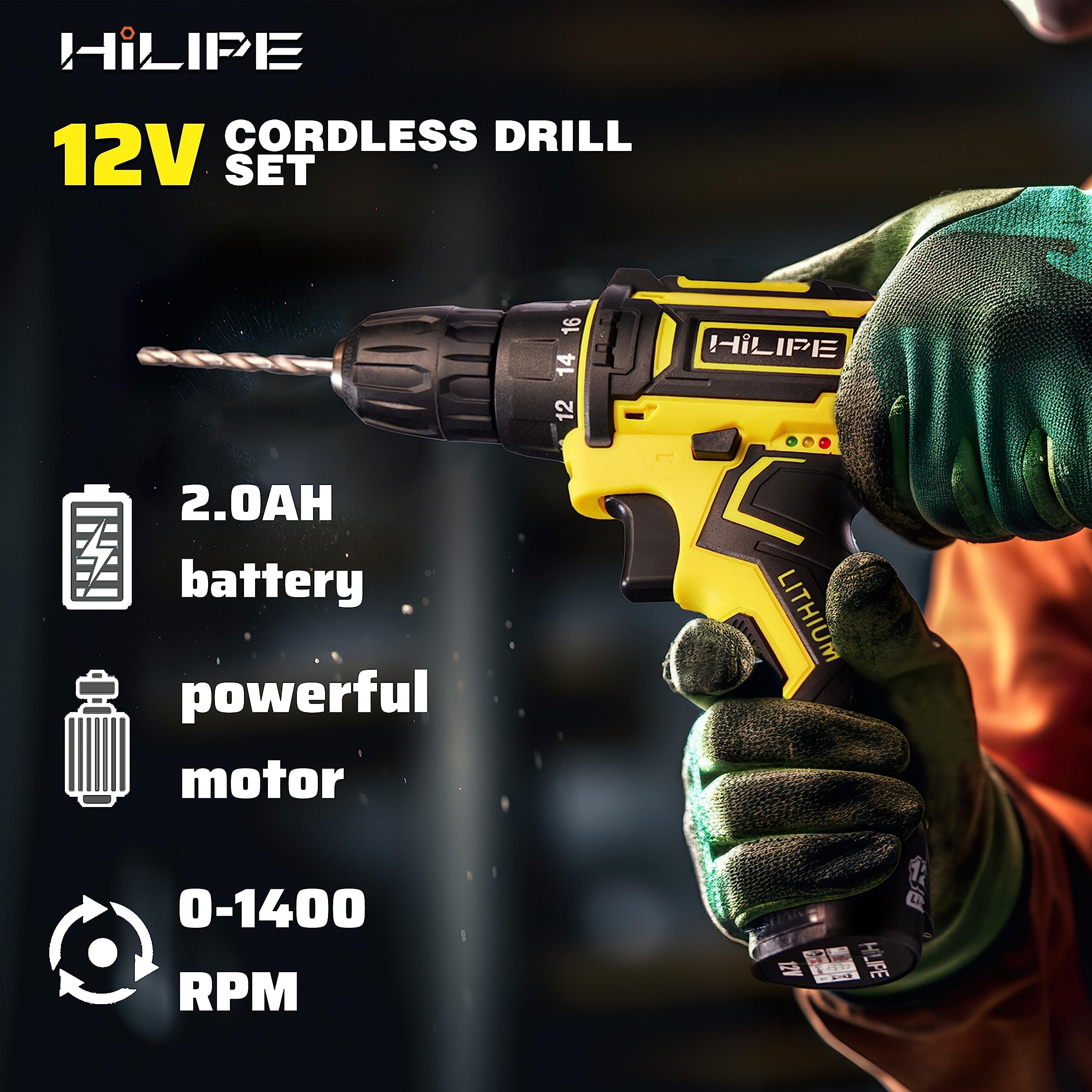 HILIPE Drill Set,12V Cordless Drill with Battery and Charger, Home Electric Power Drill Cordless, 3/8-Inch Keyless Chuck, 2 Variable Speed, 18+1 Position, LED Light and 15pcs Accessories