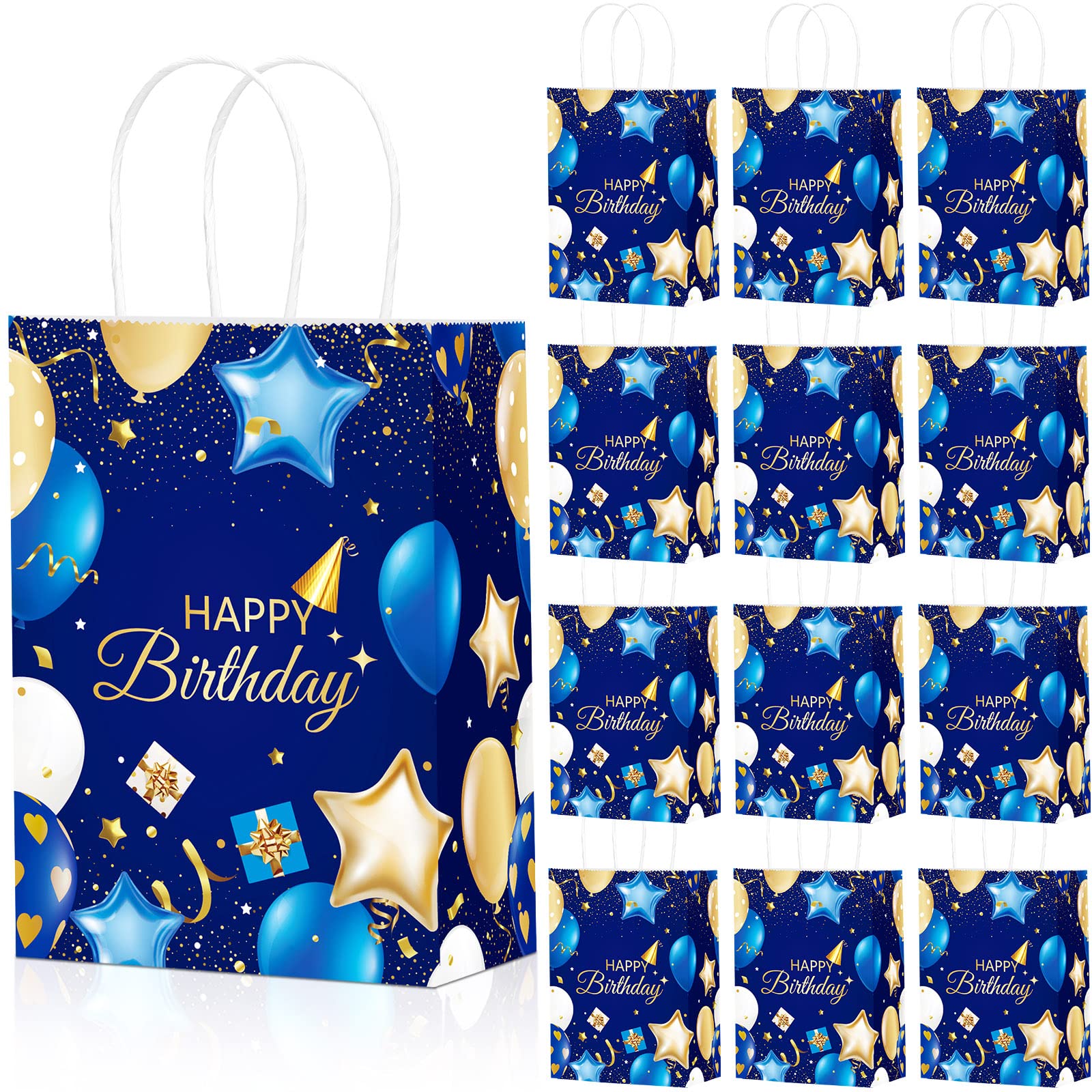 Frienda 24 Pcs Birthday Gift Bags with Handles Navy Blue and Gold Party Goodie Bags Happy Birthday Favor Bags for Boys Girls Men Women Happy Birthday Party Supplies, 5.9 x 3.2 x 8.3 Inches