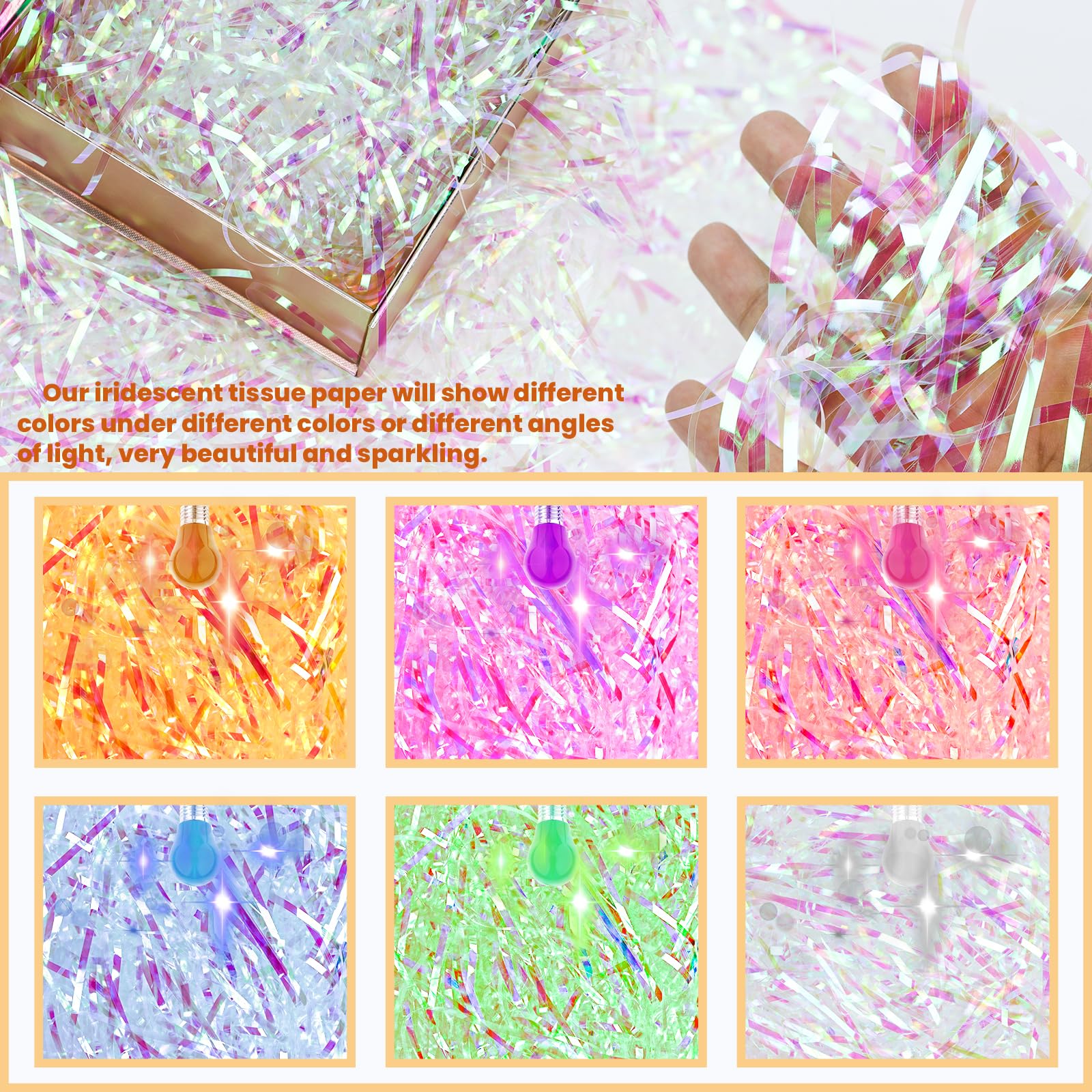 VOKOY 1LB Iridescent Crinkle Cut Paper Shred Filler, Holographic Shredded Paper Sparkly Raffia Grass Paper Stuffing Crinkle Paper Filler Confetti Shredded Tissue for Gift Boxes Bags Baskets Filling