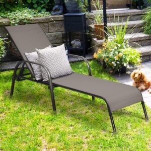 COSTWAY Outdoor Patio Lounge Chair Chaise Fabric Adjustable Reclining Armrest Pool Brown