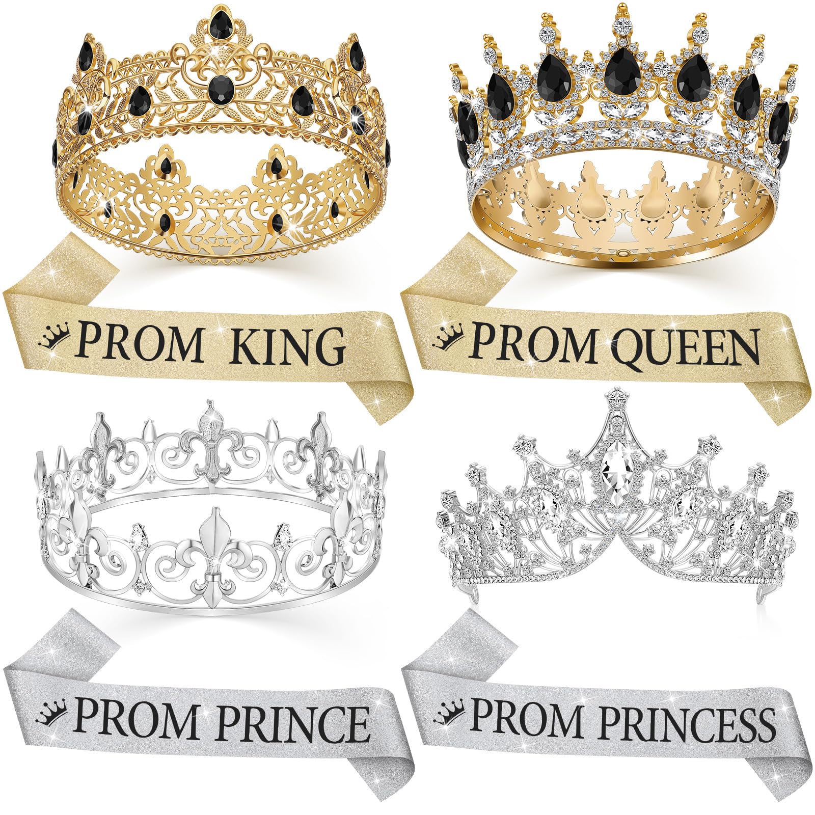 Hinly 8 Pcs Homecoming Prom Tiara Sash Set Prom King and Queen Crown Tiara Princess's and Prince's Royal Crowns Shiny Satin Sash for Homecoming Party Cosplay Favors(Exquisite)