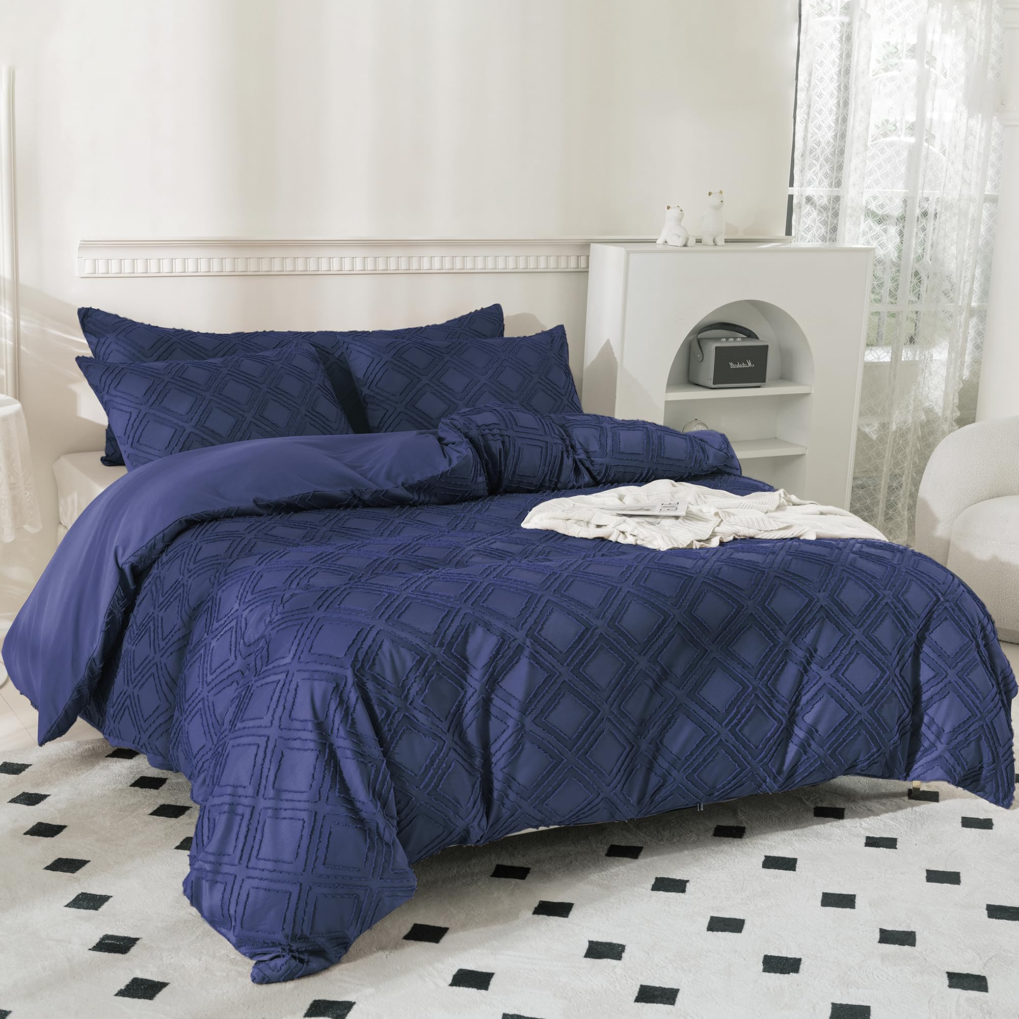 JELLYMONI Navy Blue Duvet Cover Queen Size - 3 PCS Microfiber Tufted Duvet Cover Set, Boho Textured Duvet Cover Jacquard Rhombus Geometric Pattern Duvet Cover with Corner Ties & Zipper Closure