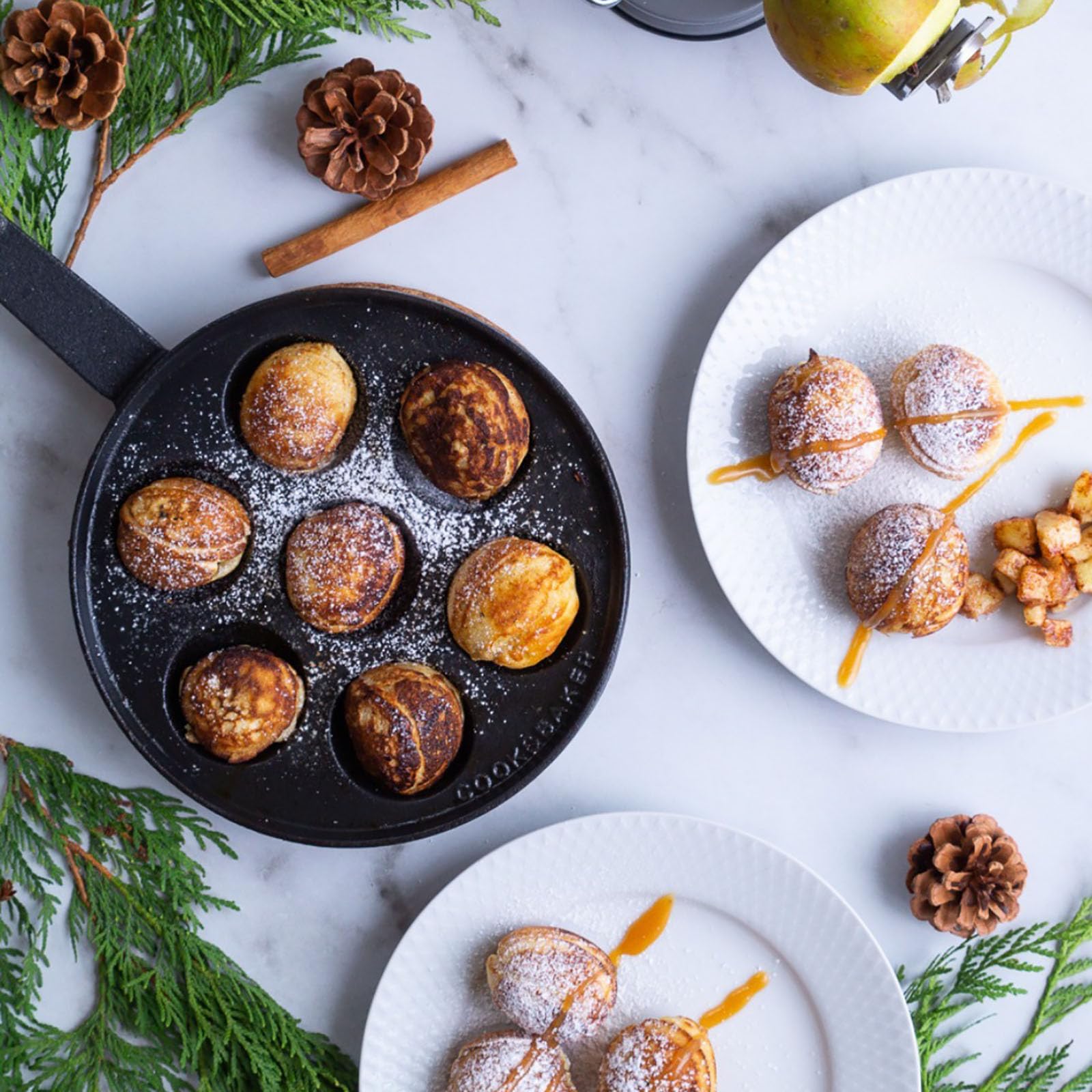 WUWEOT Cast Iron Aebleskiver Pan, 2" Poffertjes Danish Pancake Balls Griddle, 7 Hole NonStick Ebelskiver Pan, Half Sphere Takoyaki Maker with Turn Sticks and Brush for Baking Cooking