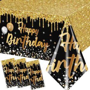 happy birthday tablecloth,3pcs black and gold table cloths for parties glitter birthday decoration for men’s 18th 21st 30th 40th 60th 70th birthday party supplies