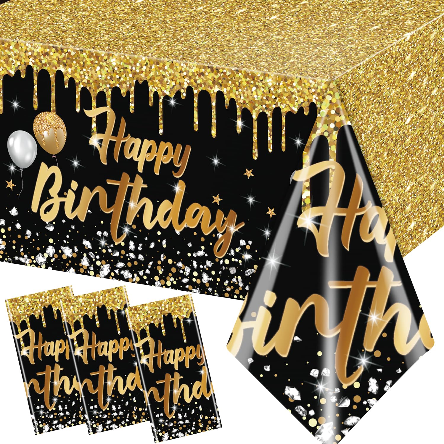 Happy Birthday Tablecloth,3pcs Black and Gold Table Cloths for Parties Glitter Birthday Decoration for Men’s 18th 21st 30th 40th 60th 70th Birthday Party Supplies