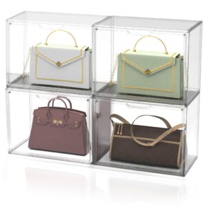 bagmania clear bag box storage organizer 4pack stackable for closet, acrylic magnetic drop down door for purse handbag shoes wallet books clutch toys