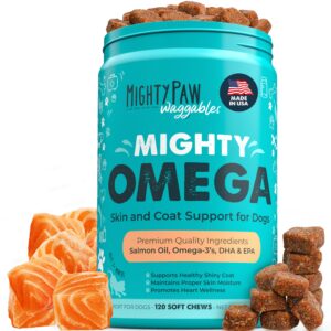 mighty paw waggables mighty omega (made in the usa, 120 count) | omega 3 fish oil chew for dogs. salmon oil for dogs skin and coat supplement. soft chew fish oil for dogs - dha & epa, bacon flavor