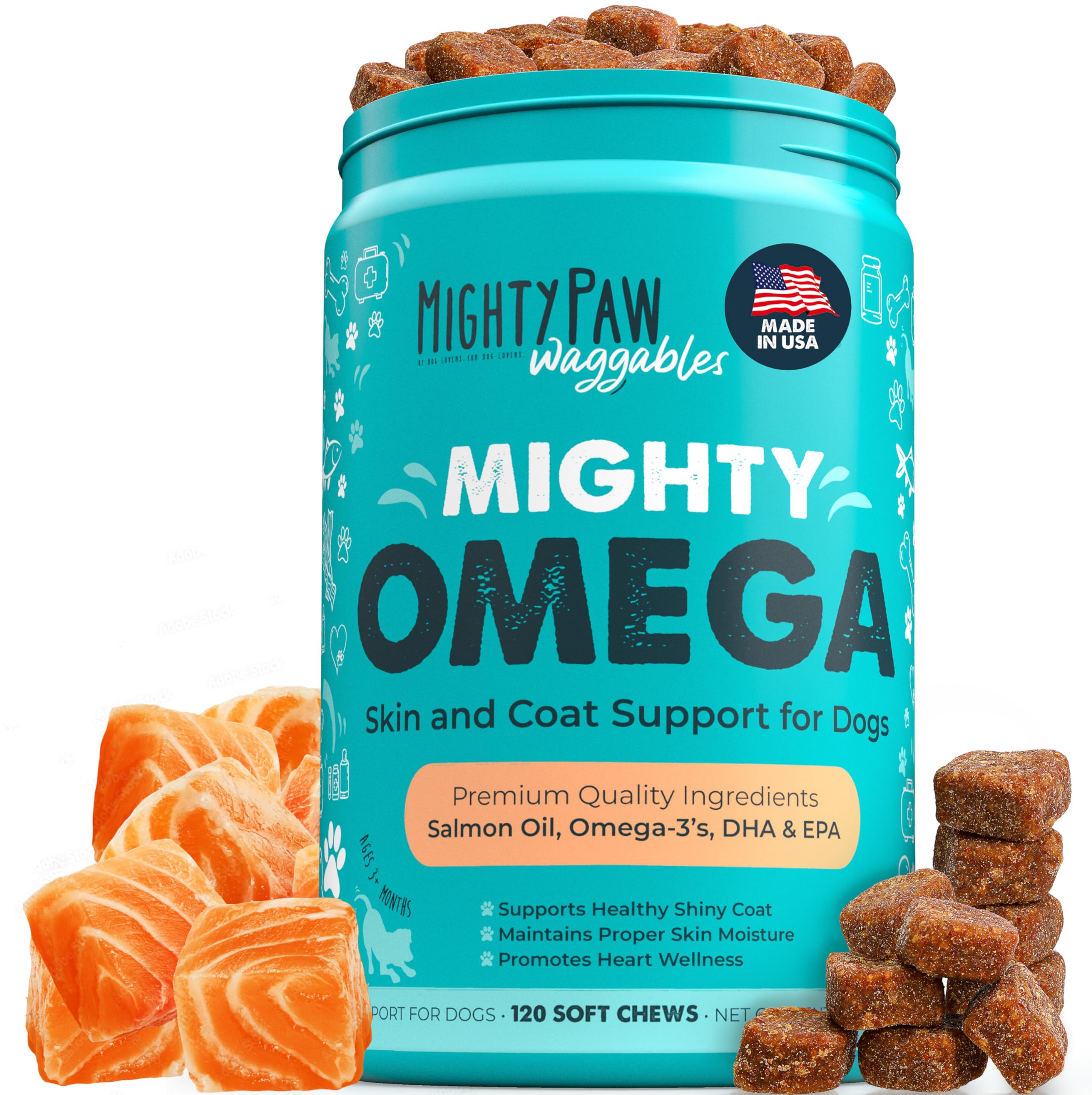 Mighty Paw Waggables Mighty Omega (Made in The USA, 120 Count) | Omega 3 Fish Oil Chew for Dogs. Salmon Oil for Dogs Skin and Coat Supplement. Soft Chew Fish Oil for Dogs - DHA & EPA, Bacon Flavor