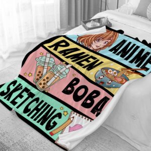 Anime Blanket Gifts for Girls Kawaii Anime Decor for Women Anime Ramen Boba Sketching Flannel Blanket Anime Lover Stuff, Luxurious Warm and Cozy for S 40X50 Inch for Kids/Child