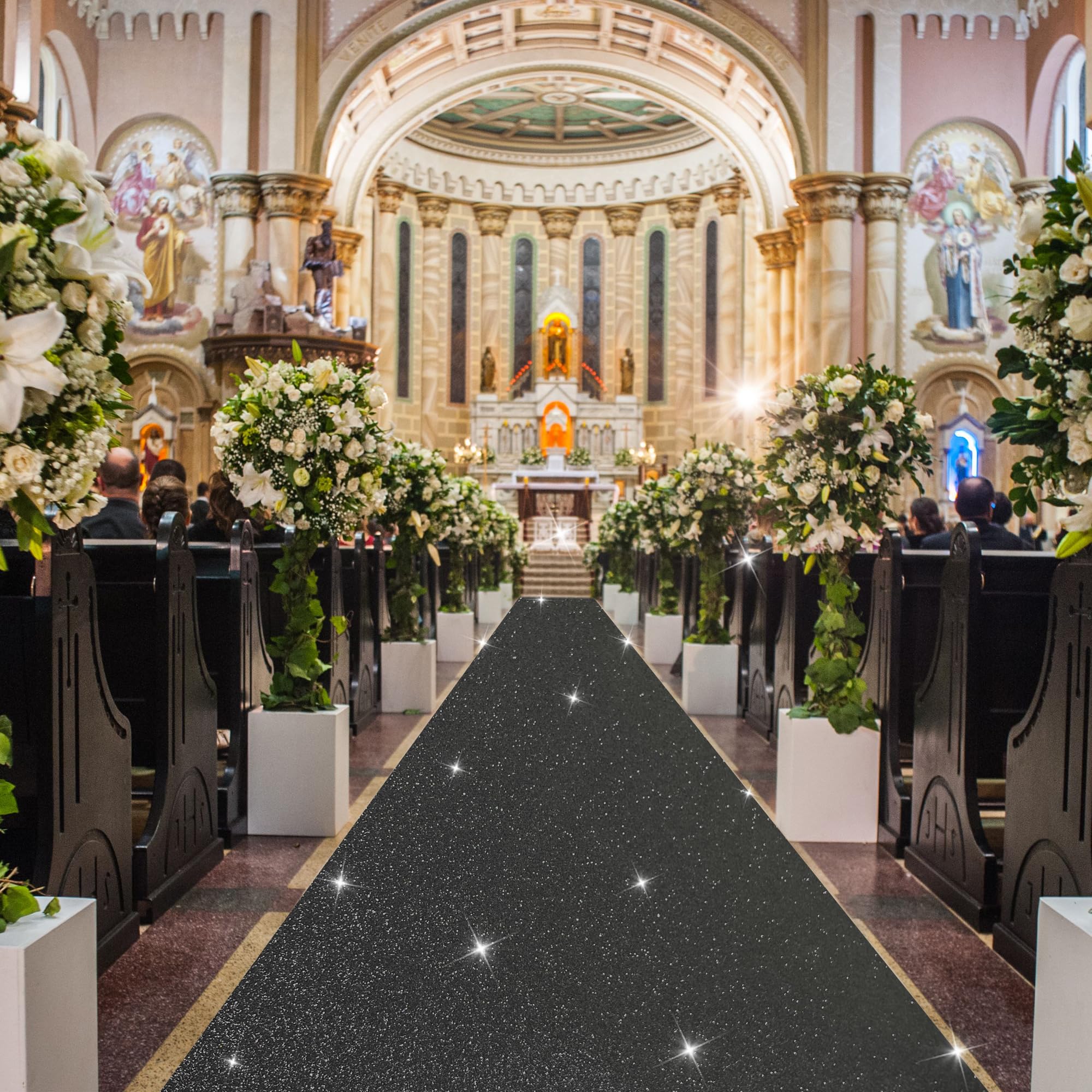 EZLucky Glitter Black Carpet Runner for Party, 2.46X15ft, 200GSM Glitter Non-Woven Fabric, Hollywood Black Carpet for Event, Aisle Runner for Wedding Ceremony, Movie Theme Party Decorations