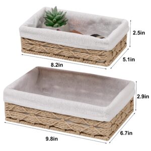 Sopsele Small Wicker Baskets for Organizing,Paper Rope Storage Basket，Desk Basket With Liner,Hand Towel Baskets, Baskets for Drawer Organizing, Toilet Tank Basket, Set of 2 Beige