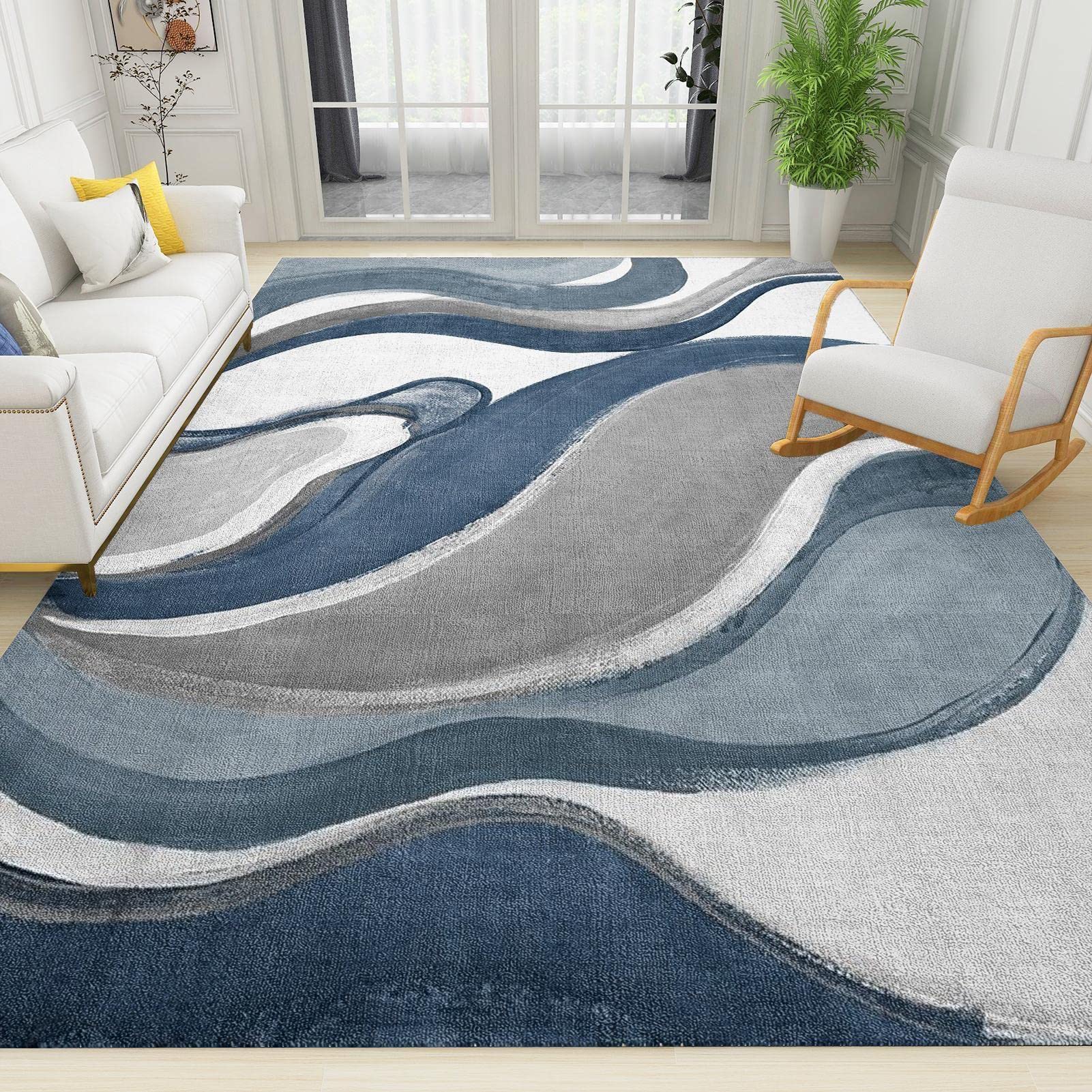 Blue Abstract Area Rug, Modern Geometry Area Carpet, Anti-Skid Rectangle Accent Rugs for Living Dinning Room Bedroom Kitchen Minimalist Home Floor Rugs 3x4ft