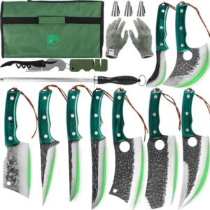 fullhi portable 14/15pcs butcher knife set cleaver green woodhandle with bag hand forged chef knife boning knife high carbon steel viking knife set for kitchen