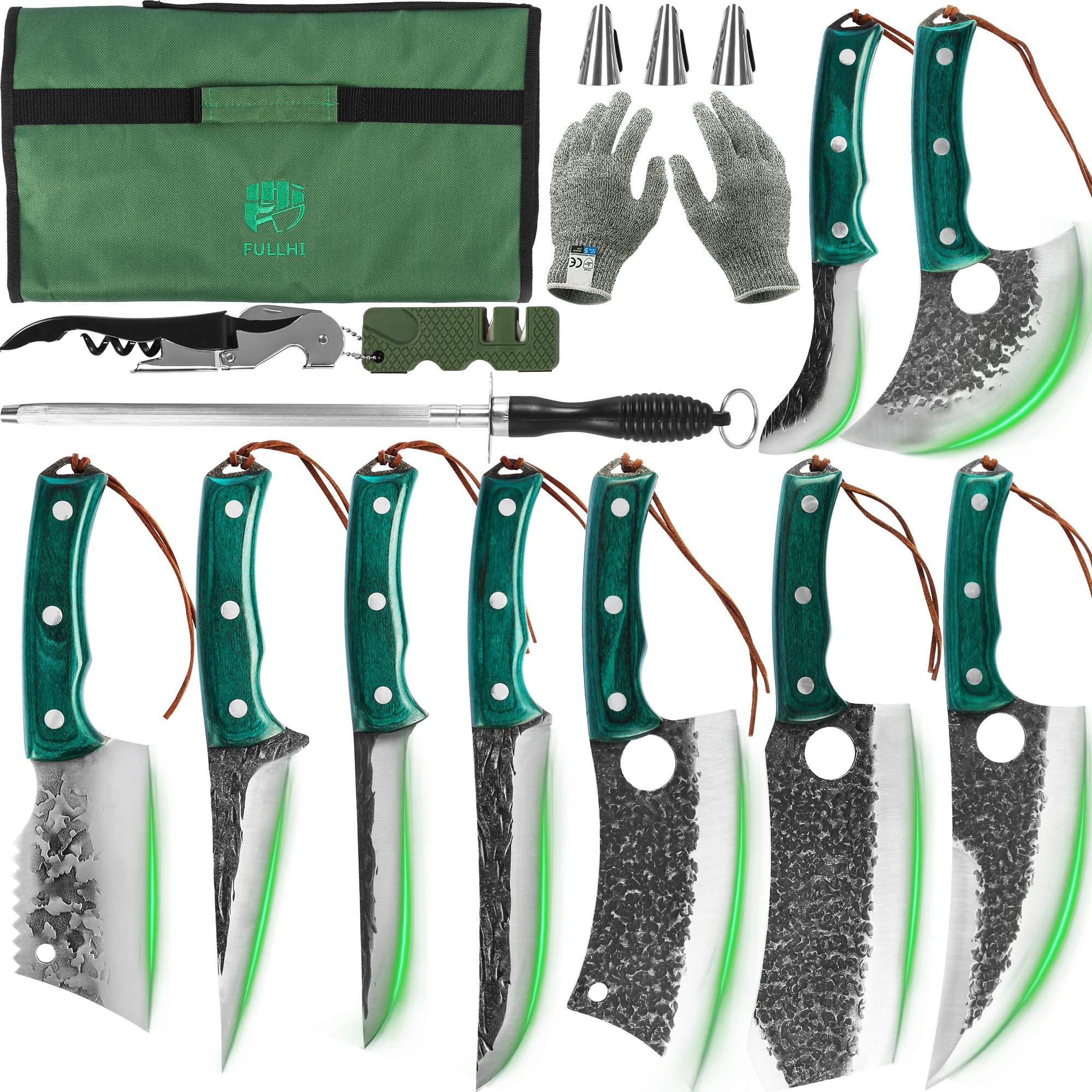 FULLHI Portable 14/15pcs Butcher knife set cleaver green woodhandle with bag Hand Forged chef knife Boning Knife High Carbon Steel viking knife set For Kitchen