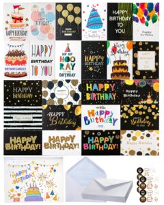 aokisen 24 unique birthday cards bulk with envelopes & stickers, 4×6 inches blank happy birthday card set, pack of birthday cards for kids, men, women (style a)