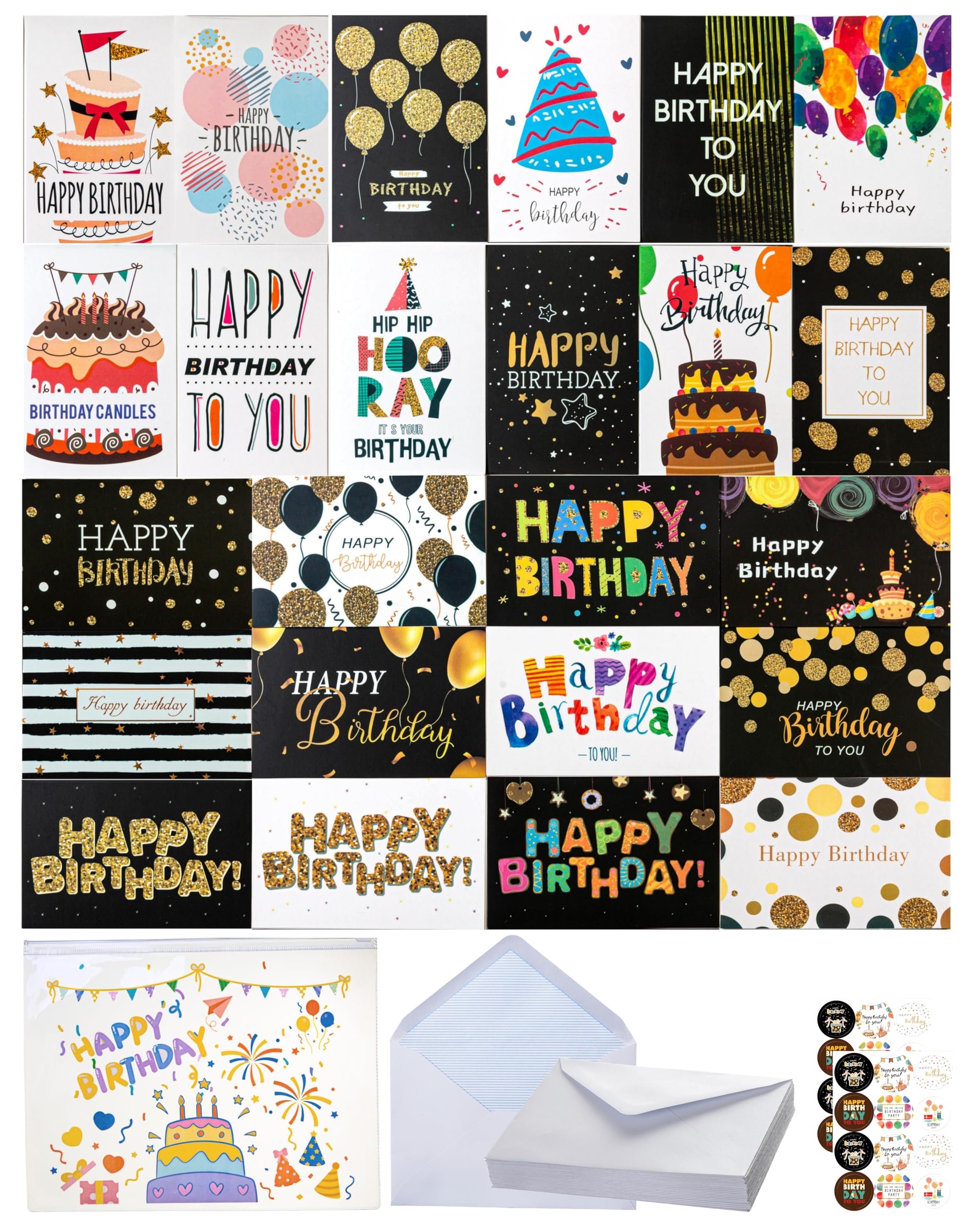 Aokisen 24 Unique Birthday Cards Bulk with Envelopes & Stickers, 4×6 inches Blank Happy Birthday Card Set, Pack of Birthday Cards for Kids, Men, Women (Style A)