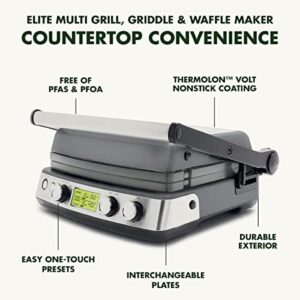 GreenPan Elite 7-in-1 Multi-Function Contact Grill & Griddle, Healthy Ceramic Nonstick Aluminum, Grill & Waffle Plates, Adjustable Shade & Shear, Closed Press/Open Flat Surface, PFAS-Free, Graphite