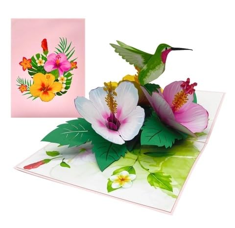 ETA 3D Hibiscus and Green Hummingbird Pop Up Greeting Card for Birthday, Just Because, Thinking of You, Retirement, Get Well, Congratulations, Any Occasions, F38