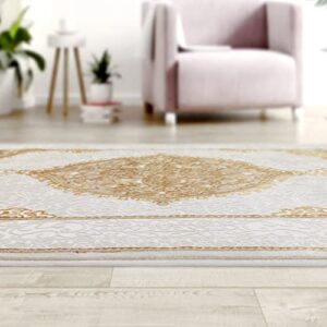 Antep Rugs Babil Gold 8x10 Oriental Bordered High Low Textured Traditional Indoor Area Rug, Beige Gold, 7'10" x 10'