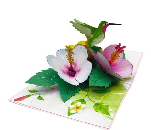 ETA 3D Hibiscus and Green Hummingbird Pop Up Greeting Card for Birthday, Just Because, Thinking of You, Retirement, Get Well, Congratulations, Any Occasions, F38