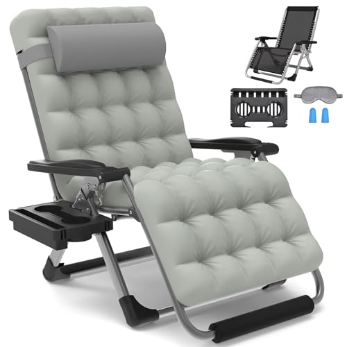 Slendor Oversized Padded Zero Gravity Chair XXL, 33inch Zero Gravity Recliner, Folding Reclining Lounge Chair,Indoor Outdoor Patio Chairs with Pillow, Cushion, Footrest,Cup Tray, Support 500lbs, Grey