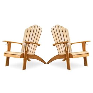 cambridge casual lakeside oversized patio adirondack chair with cup holder, natural teak, set of 2