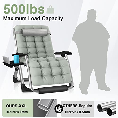 Slendor Oversized Padded Zero Gravity Chair XXL, 33inch Zero Gravity Recliner, Folding Reclining Lounge Chair,Indoor Outdoor Patio Chairs with Pillow, Cushion, Footrest,Cup Tray, Support 500lbs, Grey