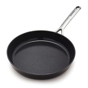 greenpan gp5 hard anodized healthy ceramic nonstick 12" frying pan skillet, heavy gauge scratch resistant, stay flat surface, induction, mirror finish handle, oven safe, pfas-free, black