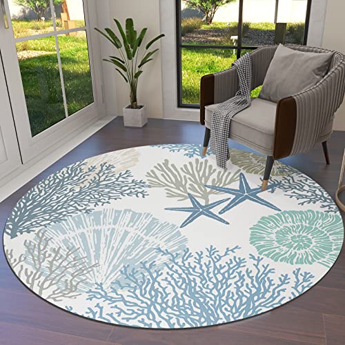 Round Area Rug 4ft Nautical Coastal Ocean Coral Rug Soft Sofa Nursery Carpet Floor Mat Non Slip Area Rugs for Indoors/Outdoor Living Room Bedroom Dining Room Home Decor Beach Themed Blue Teal Rug