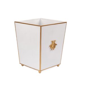 Jaye's Studio Regency Line, Square Wastebasket & Garbage Bin, Gold Trim & Finish, Round Gold Feet, Hand-Painted, Metal, Trash Bin for Bedroom, Office, Bathroom, 9" x 9 x 12 (White, Gold Bee)