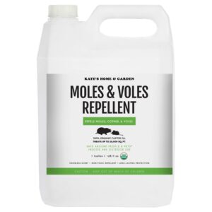 mole & vole repellent for lawns - organic castor oil (128oz - 1 gallon) - kate's home & garden. pet safe & non-toxic. pure organic castor oil to repel moles, voles, rodents & gophers outdoor