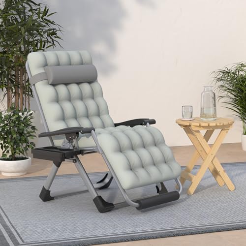 Slendor Oversized Padded Zero Gravity Chair XXL, 33inch Zero Gravity Recliner, Folding Reclining Lounge Chair,Indoor Outdoor Patio Chairs with Pillow, Cushion, Footrest,Cup Tray, Support 500lbs, Grey