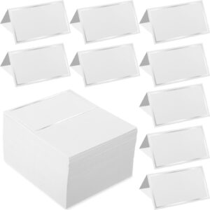 teling 150 pcs place cards with foil border small table tent cards texture seating cards blank escort name place cards for party table weddings banquets dinner birthday events, 2 x 3.5 inch(silver)