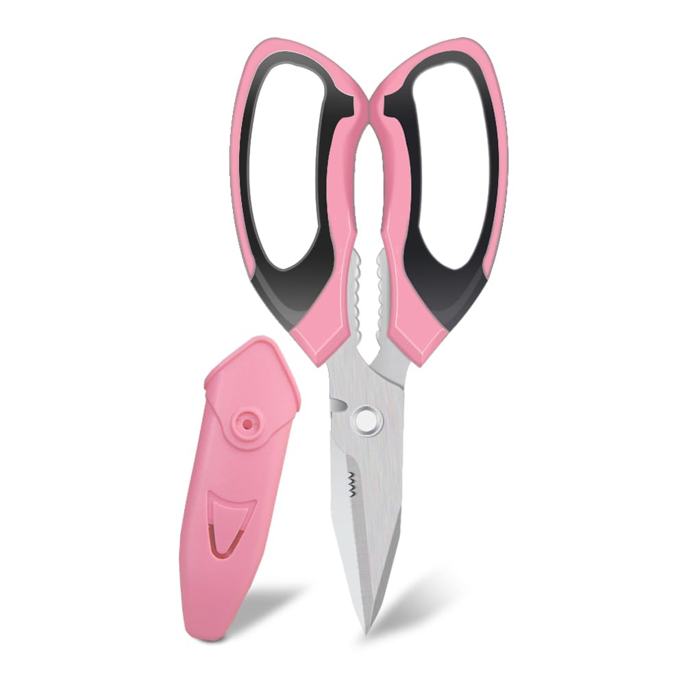 FTECYBO Scissors Heavy Duty 8'', Carpet Scissors, Multipurpose Scissors with Protective Cover, Stainless Steel Serrated Blades, Easy Cutting Cardboard, Leather, Fabric, Wires（PINK）