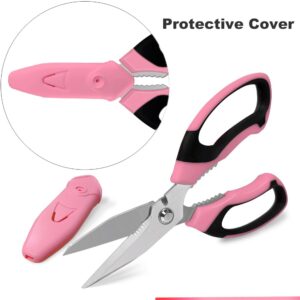 FTECYBO Scissors Heavy Duty 8'', Carpet Scissors, Multipurpose Scissors with Protective Cover, Stainless Steel Serrated Blades, Easy Cutting Cardboard, Leather, Fabric, Wires（PINK）