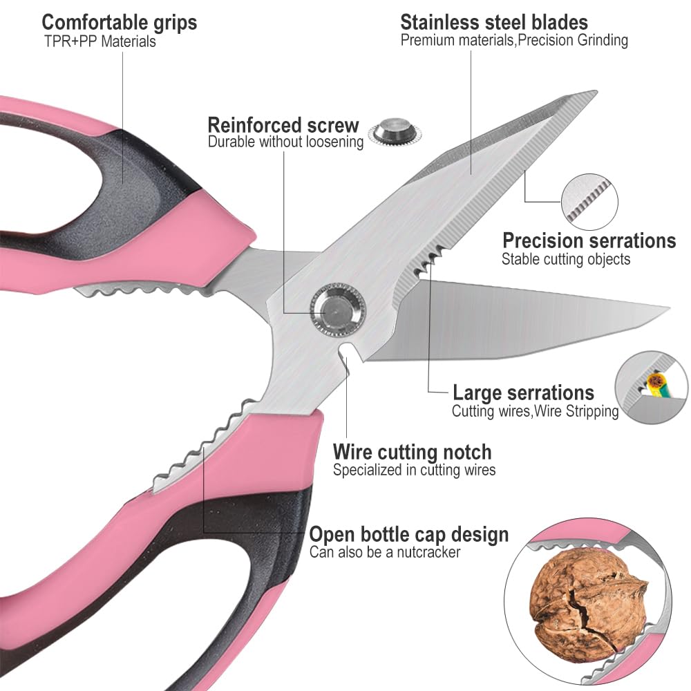 FTECYBO Scissors Heavy Duty 8'', Carpet Scissors, Multipurpose Scissors with Protective Cover, Stainless Steel Serrated Blades, Easy Cutting Cardboard, Leather, Fabric, Wires（PINK）