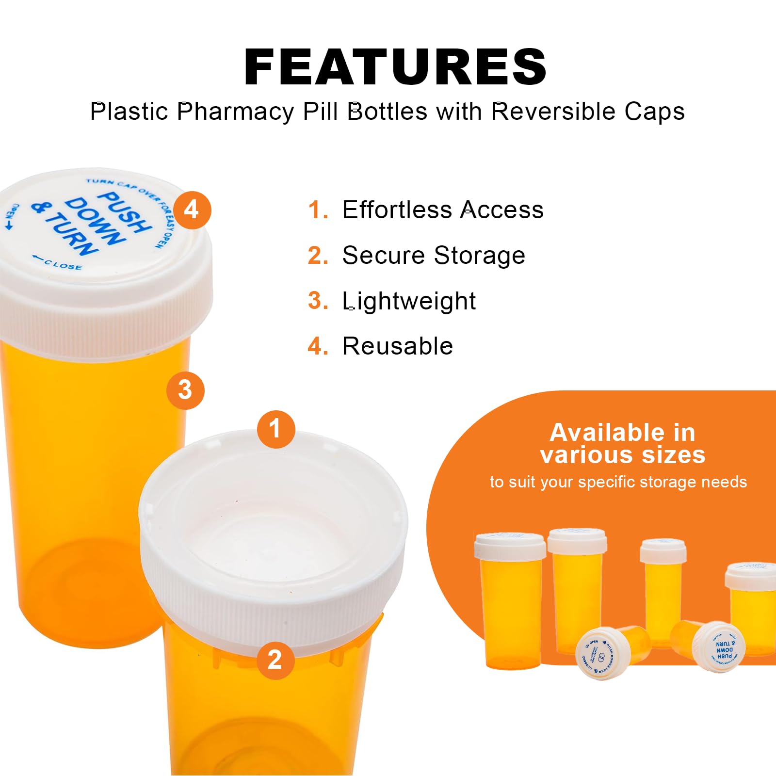 AVG Packaging Supplies Reversible Plastic Pharmacy Pill Bottles with Reversible Caps - Pharmacy Prescription Empty Containers, 13 Dram Vials (275ct)