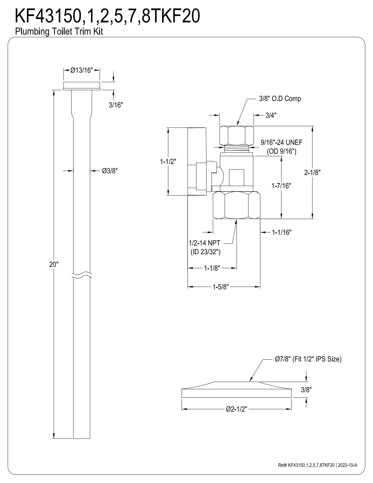 Kingston Brass KF43157TKF20 Trimscape Toilet Supply Kit, 1/2" FIP x 3/8" OD Comp Straight Valve, Brushed Brass