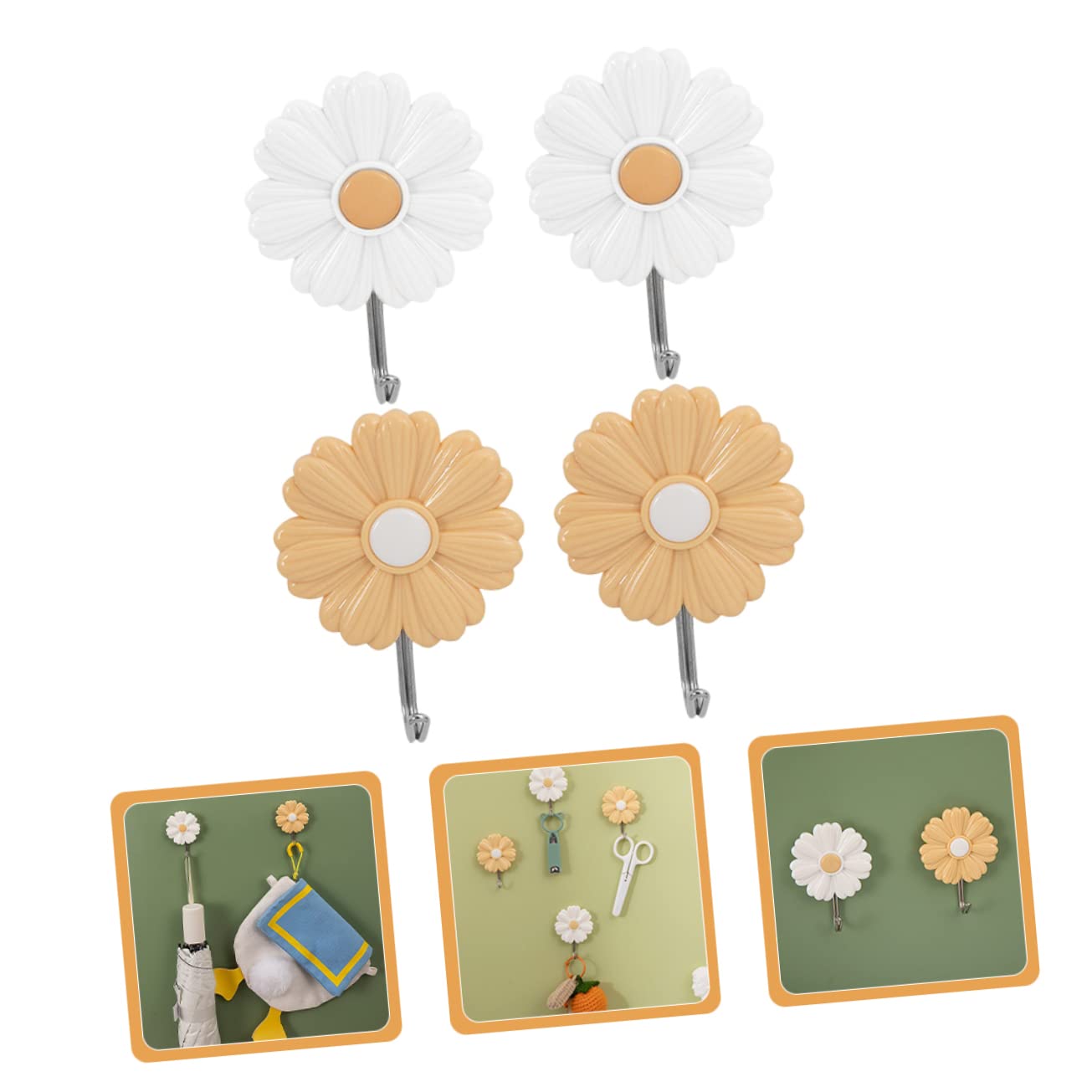 OKUMEYR 4Pcs Strongly Adhesive Decorative Daisy Wall Hooks Punch Clothes Hat and Towel Hanger Cute Adhesive Hooks for Home Decor and Organization