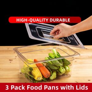 3 Pack Plastic Food Pans with Lids, 1/2 Size 4'' Deep,Polycarbonate, Clear，Food Pan Polycarbonate Square Food Storage Containers with Lids for Kitchen Restaurant Food Prep (3-1/2) (3-1/2)